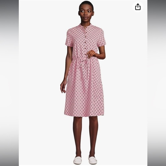 Lands' End Pink Wood Lily Medallion Tile Short Sleeve Button Front Mini Dress L - Picture 1 of 11